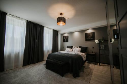 维尔扬迪Pinska Guesthouse Apartment的一间卧室设有一张床和一个大窗户