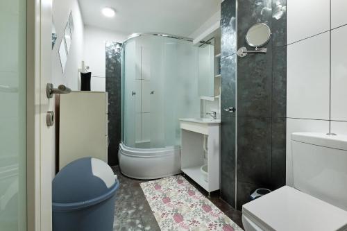 贝尔格莱德Sava SQUARE Apartment的带淋浴、卫生间和盥洗盆的浴室
