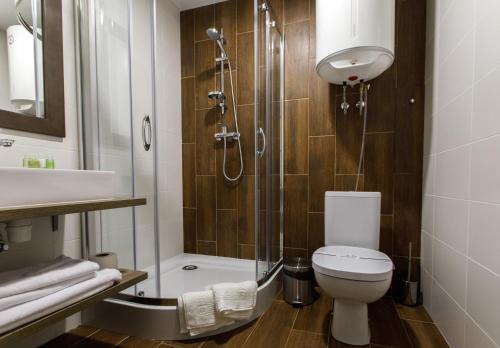 OrlovshchinaForrest Park&Resort的带淋浴、卫生间和盥洗盆的浴室