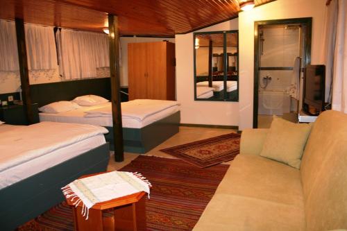 帕莫卡莱Hotel HAL-TUR的一间带两张床和一张沙发的客厅