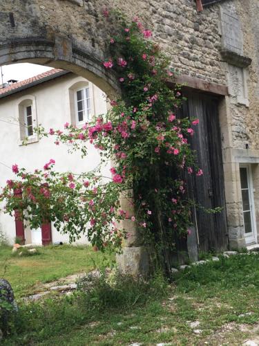 GevilleLa Grange aux dames的一块在建筑物边长着的粉红色玫瑰