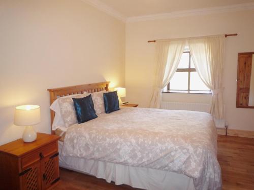 卡斯尔巴Clydagh Lodge的一间卧室配有一张带蓝色枕头的床和一扇窗户。