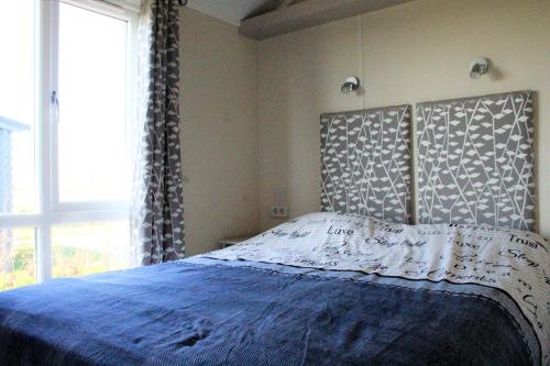 DrijberChalet Sky de luxe的一间卧室配有一张带蓝色毯子的床和窗户。