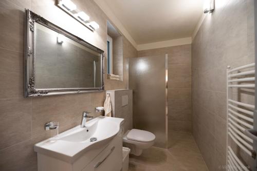 波切尼斯Apartmány I - KAfe Bojnice的一间带水槽、卫生间和镜子的浴室