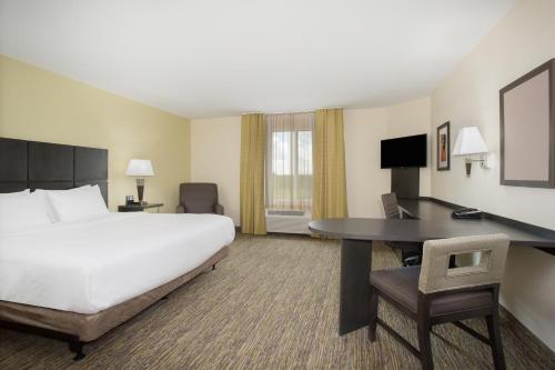 迪金森迪金森烛木套房酒店的酒店客房设有一张大床和一张书桌。