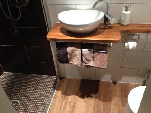 特希尔克拉贝冯格雷齐尔酒店的木制柜台上带白色碗水槽的浴室