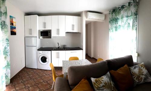 多列毛利诺斯Apartamentos MareaBeach的带沙发的客厅和厨房