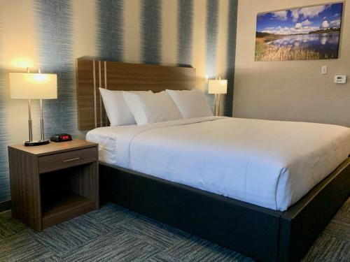 里贾纳Meridian Inn & Suites Regina Airport的一张大床,位于酒店带两盏灯的房间