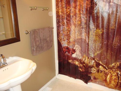 西黄石Geyser Mountain Home的浴室配有淋浴帘和盥洗盆。