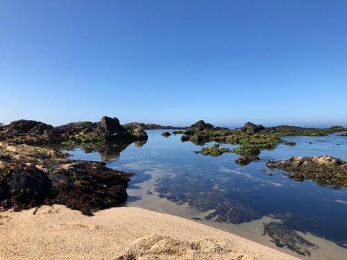 波瓦-迪瓦尔津Casa na Praia的一片岩石海滩和大海的背景