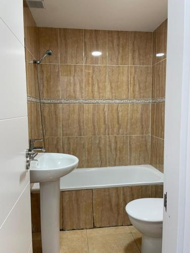 罗萨里奥港Apartamentos Tamasite的一间带水槽、浴缸和卫生间的浴室