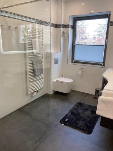 布伦瑞克佩特里科奇城市公寓的带淋浴和卫生间的浴室以及窗户。