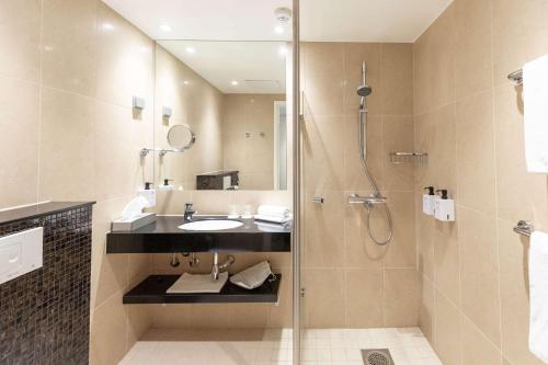 库奥皮奥斯甘地地图集酒店的一间带水槽和淋浴的浴室