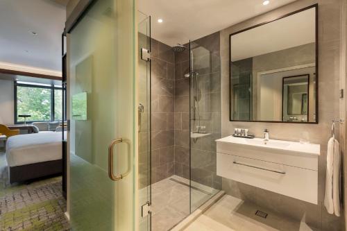 奥克兰Mercure Auckland Queen Street的带淋浴、盥洗盆和镜子的浴室