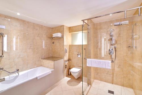克拉科夫克拉科夫丽笙大酒店的带淋浴、浴缸和卫生间的浴室
