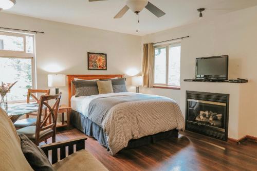 托菲诺砾石林鸟类保护区旅馆的一间卧室配有一张床、一个壁炉和一台电视。