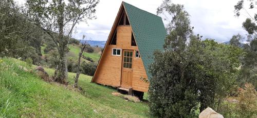 瓜斯卡ANIMALS GALMPING的山丘上带绿色屋顶的小房子