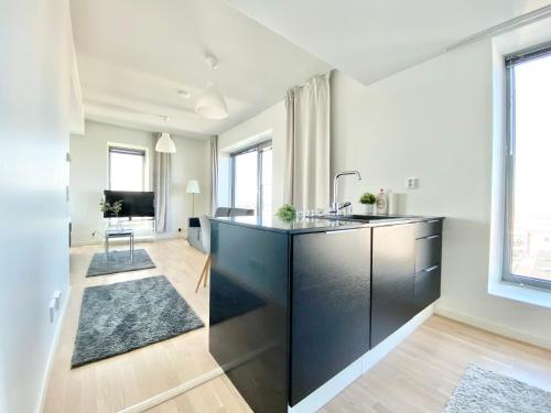 坦佩雷City Home Finland Studio Suite - Great City Views and Perfect Location next to Railway Station的带窗户的客房内设有带黑岛的厨房