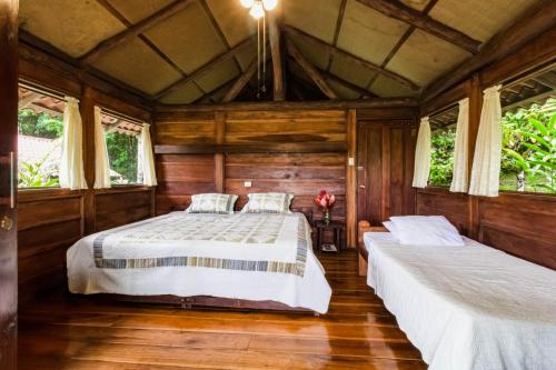Colonia Dos RíosLa Anita Rain Forest的配有木墙和窗户的客房内的两张床
