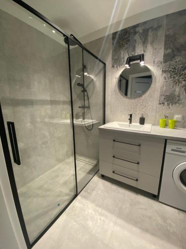 格丁尼亚Apartament Wiczlino的带淋浴、盥洗盆和镜子的浴室