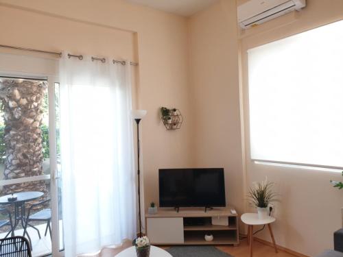 雅典Elegant Glyfada Apartment-private Garden-Near METRO的一间带电视和窗户的客厅