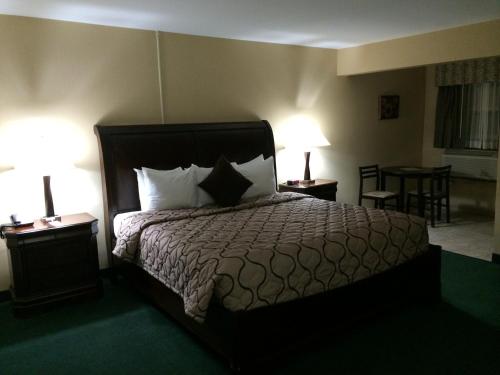 特拉华步行者宾馆的一间卧室配有一张带两盏灯和一张桌子的床。