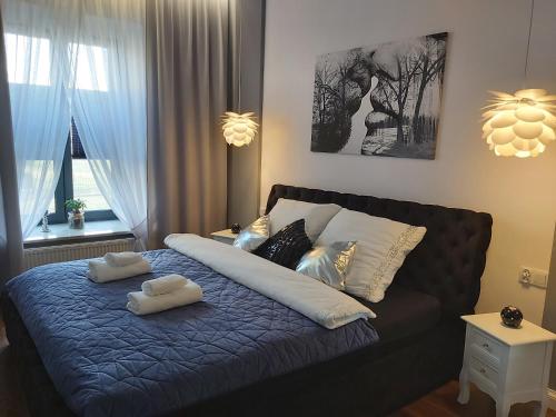 扎莫希奇Stara Wartownia的一间卧室配有一张带两个枕头的床