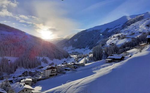 图克斯Haus Ausblick的雪中的小村庄,以群山为背景