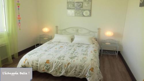 圣艾尼昂Gîte L'échappée Belle !的一间卧室配有一张带白色被子和两盏灯的床。