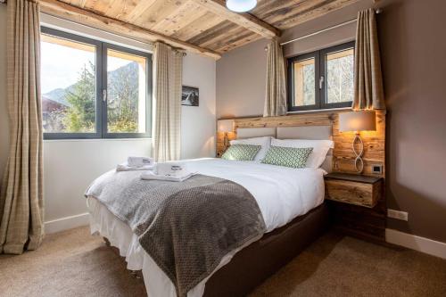 夏蒙尼-勃朗峰Chalet des Amis appt 1 - Chamonix All Year的一间卧室设有一张大床和两个窗户。
