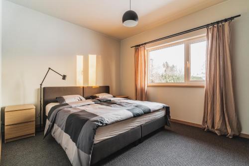 斯伽尔达Prieka Villa的一间卧室设有一张大床和一个窗户。