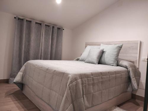 塞特尼尔Casa cueva La Tosca的一间卧室配有一张大床、灰色的毯子和枕头