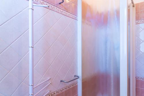 坎波内莱尔巴Appartamento Passeggiata Al Mare的浴室设有粉红色瓷砖和淋浴。