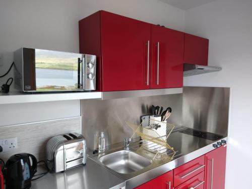 SkeabostTreaslane Stable Rooms的一间带红色橱柜和水槽的厨房