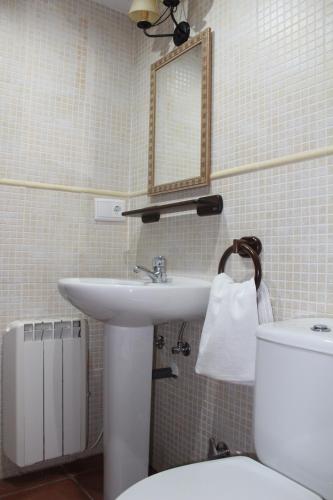 Noguera de AlbarracinApartamentos NOGUERA de ALBARRACÍN的一间带水槽、镜子和卫生间的浴室