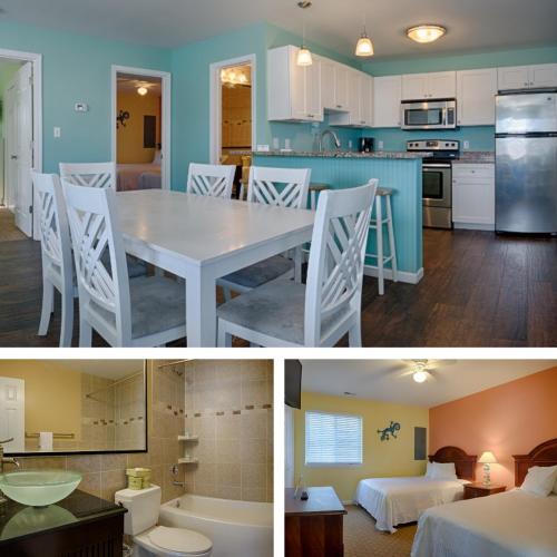 大洋城南沙滩公寓酒店的厨房以及带白色桌子的用餐室。