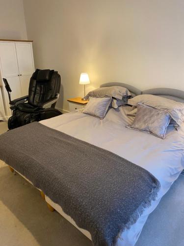 奇切斯特Chichester Luxury One Bed Apartment的一间卧室配有一张大床和一把椅子
