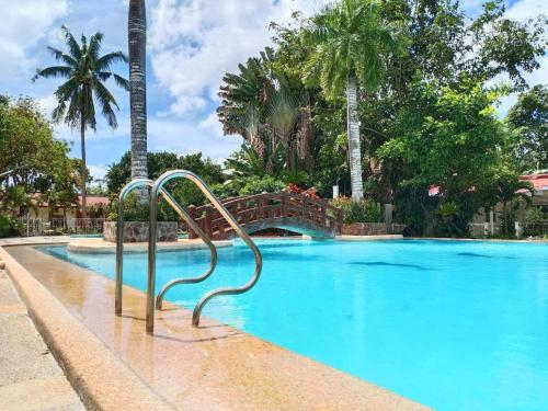 宿务RedDoorz Plus @ Costa Roca Balamban的一座拥有蓝色海水和棕榈树的游泳池