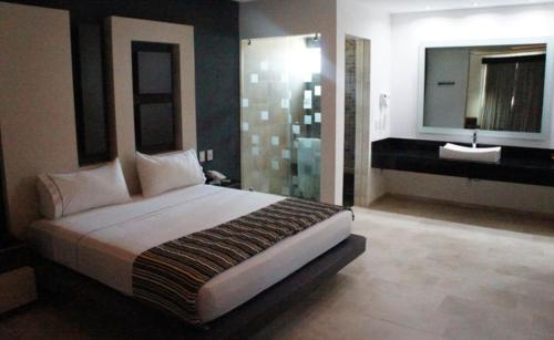 瓜达拉哈拉Motel Casablanca的一间带大床的卧室和一间浴室
