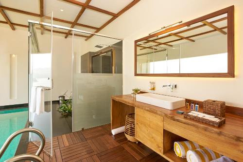 瓦亚纳德MOUNTAIN SHADOWS RESORTS的一间带水槽和镜子的浴室以及一个游泳池