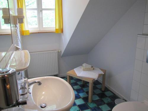 赖因斯贝格Der Seehof Rheinsberg的一间带水槽和桌子的小浴室