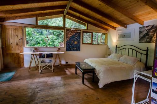 圣卡洛斯-德巴里洛切la casa del sol的卧室配有一张床、一张书桌和窗户。