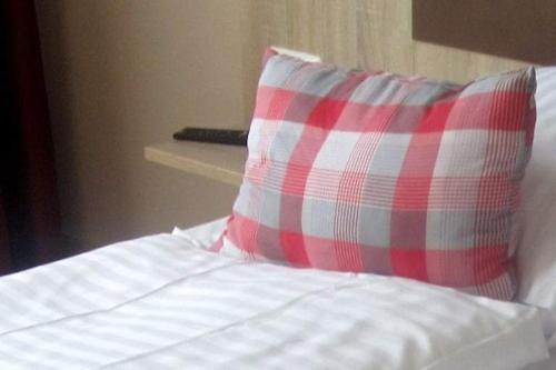 比克堡Jetenburger Hof的一张床上有红白枕头的床