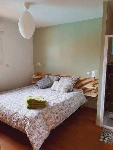 旧圣日龙Au calme, entre lac et océan的一间卧室配有一张大床和木制床头板
