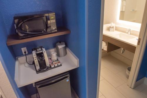 沃索Holiday Inn Express & Suites - Warsaw - E Center, an IHG Hotel的一间带水槽和微波炉的小浴室