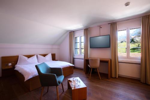 萨克瑟恩Hotel Kreuz by b-smart的配有一张床和一台平面电视的酒店客房