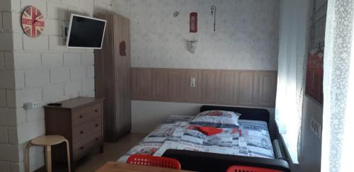 索契Апартаменты Пляж на Крымской的一间带床和电视的小卧室