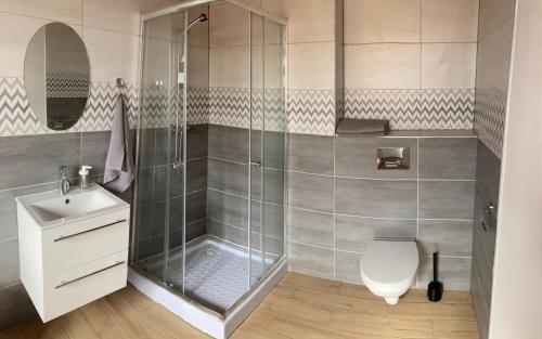 梅尔诺Willa Perełka的带淋浴、卫生间和盥洗盆的浴室