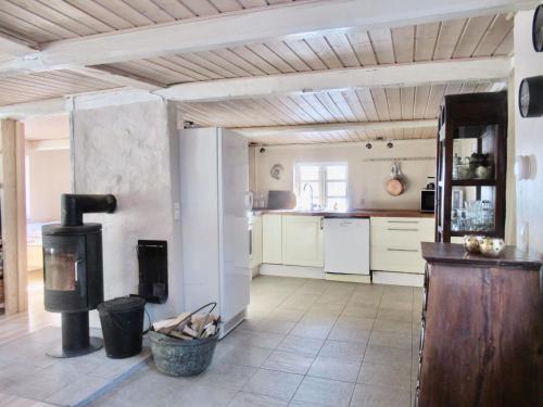 博恩瑟Sivagerhuset Holiday-Home的一个带壁炉和炉灶的厨房