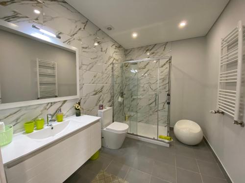 吉尔斯Cantinho Verde T1的一间带水槽、卫生间和淋浴的浴室